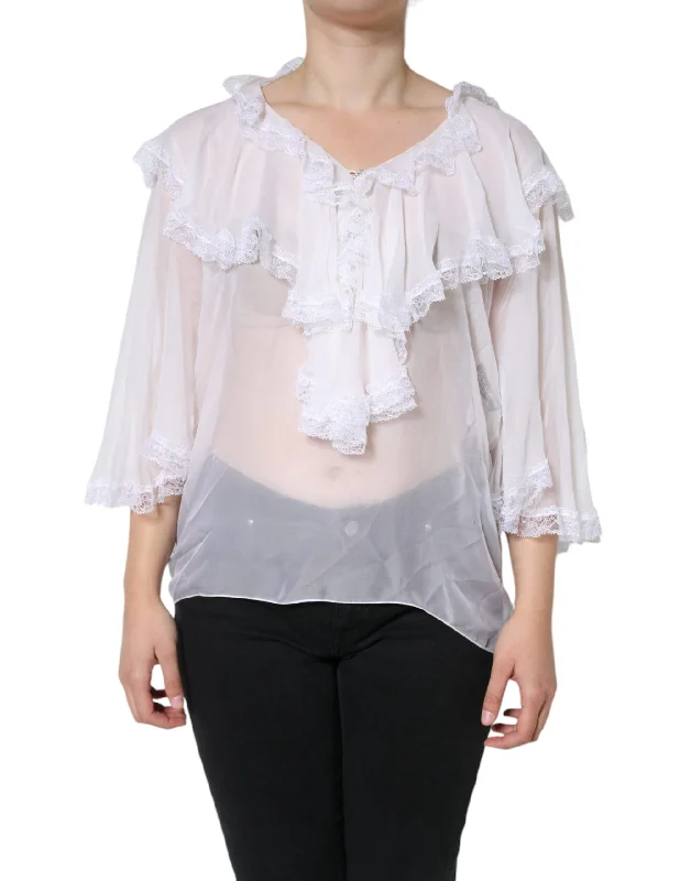 Dolce & Gabbana White Ruffles Lace Long Sleeve Blouse Top Soft Satin Blouse