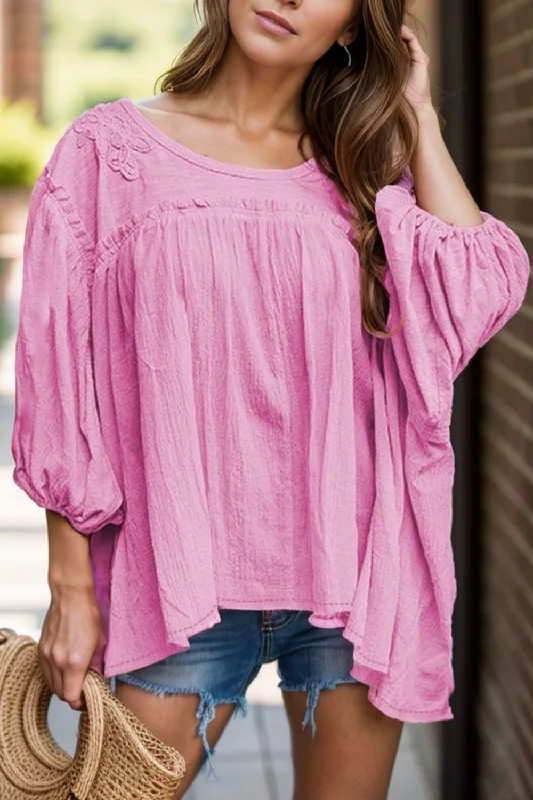 Dropped Shoulder Round Neck Blouse Soft Knit Blouse