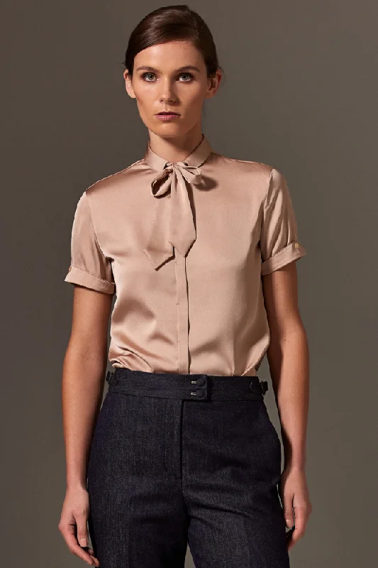 Eva Short Sleeve Blouse - Nude Silk Stretch Bell Sleeve Blouse