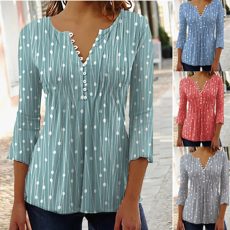 Fashion Printed Long Sleeved Shirt V-neck Blouses Ladies Elegant Silk Blouse