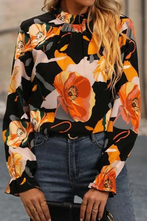Floral Flounce Sleeve Blouse Short Sleeve Blouse