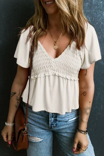 Frill Ruched V-Neck Short Sleeve Blouse Feminine Ruffle Blouse