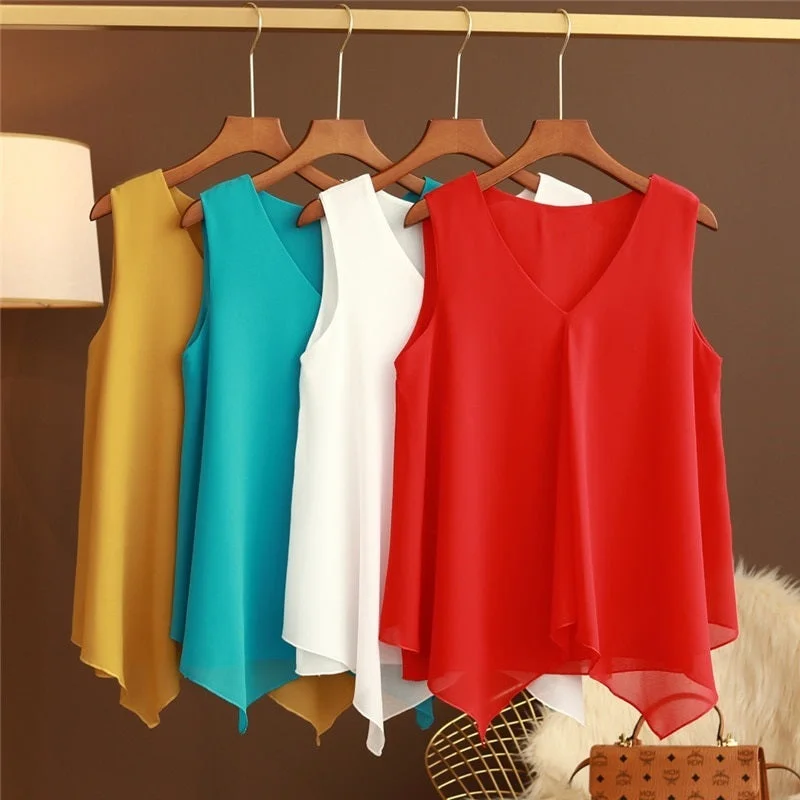 GRACE Design Women's Fashion Premium Top Quality Stylish Chiffon Yellow Blue White Red Sleeveless Blouse Top Silky Draped Blouse
