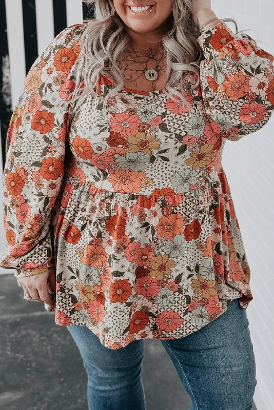 Khaki Plus Size Flower Print Square Neck Peplum Blouse Cotton Casual Blouse