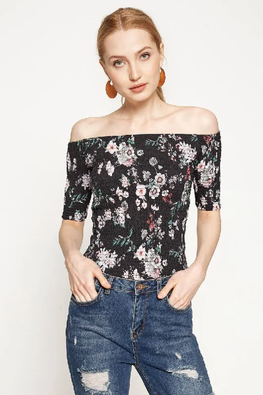 Women Black Print Blouse Vintage Lace Blouse