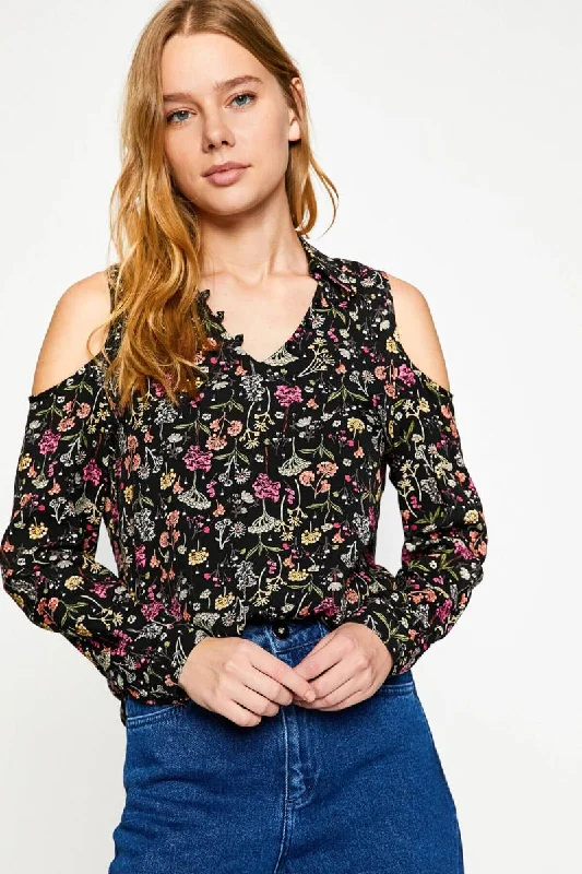 Women Black Print Blouse Satin Bow Blouse