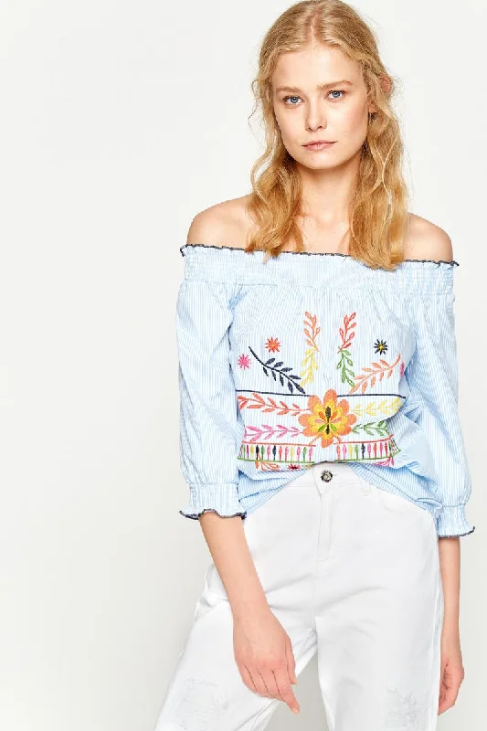 Women Blue Striped Blouse Collared Satin Blouse