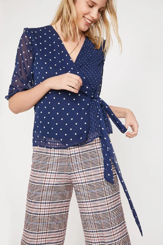 Women Navy Blue Print Blouse Classic Minimalist Blouse