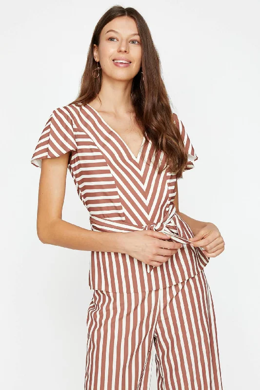 Women Raw White Striped Blouse Short Sleeve Blouse
