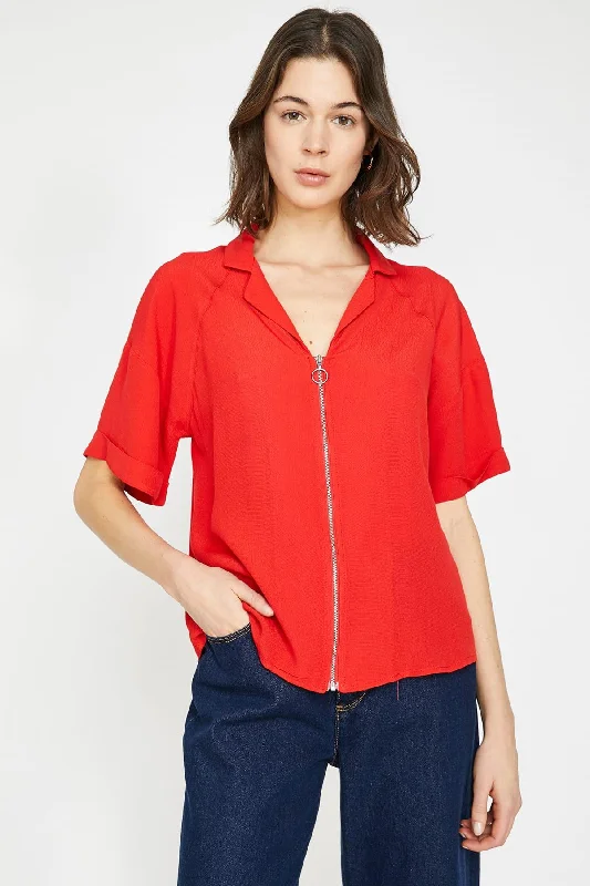 Women Red Blouse Ruffled Neck Blouse