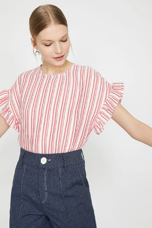 Women Red Striped Blouse Collared Satin Blouse