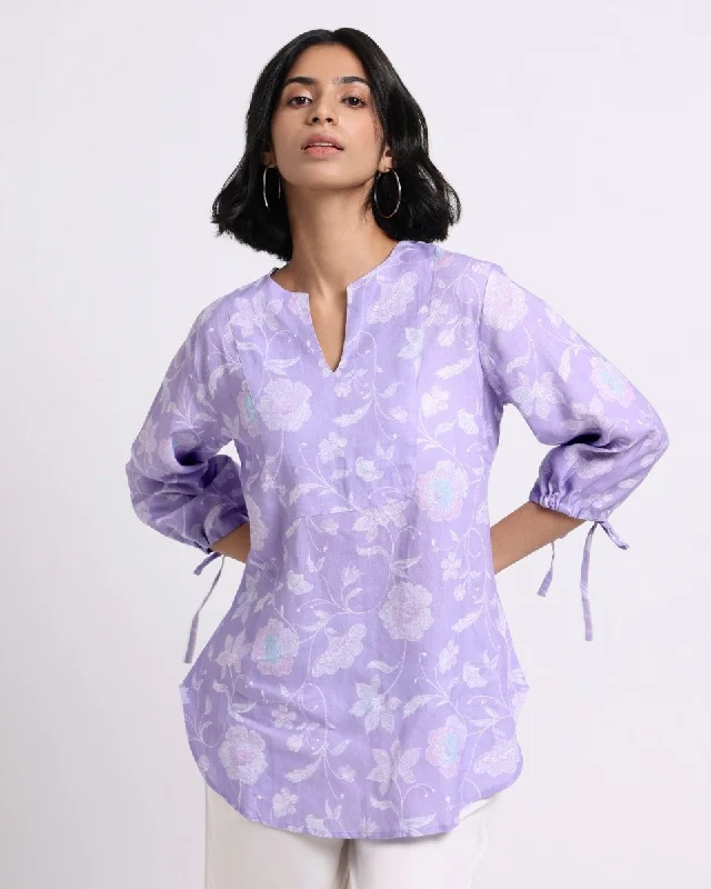 Lavender Bloom Print Linen Blouse Loose Oversized Blouse