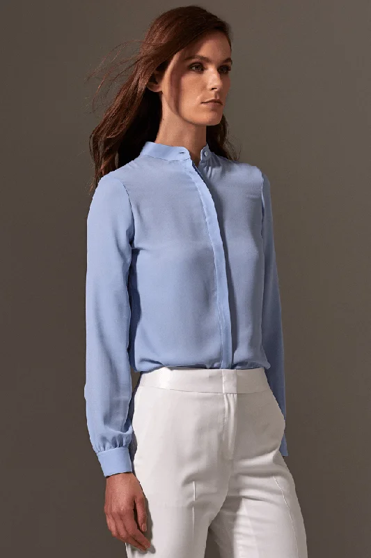 Margot Stand Collar Blouse - Sky Blue Silk Stretch Elegant Peplum Blouse