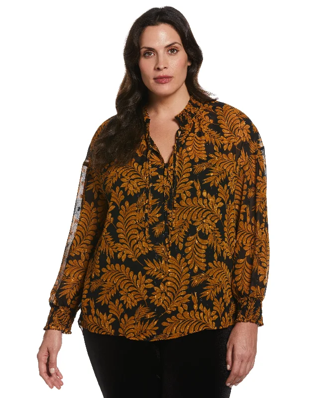Plus Size Metallic Leaves Print Blouse Peter Pan Collar Blouse