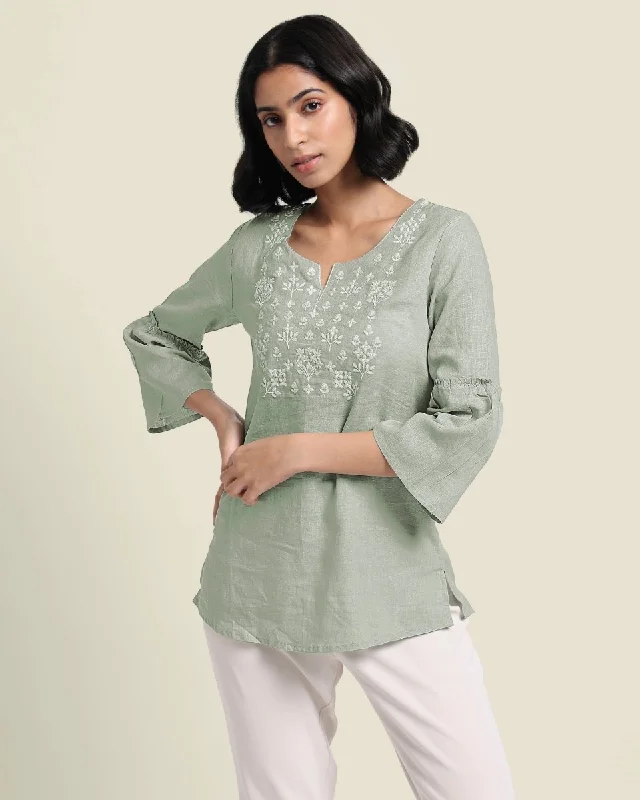 Mint Linen Blouse Frilled Cuff Blouse