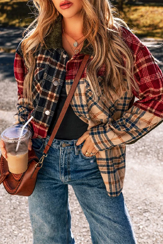 Mixed Plaid Patchwork Retro Shacket Chic Ruffle Blouse