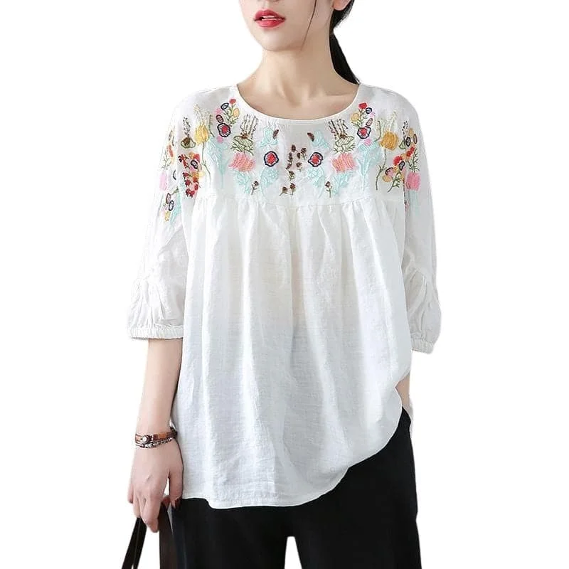 NEVETTE Women's Fashion Vintage Tunic Linen Premium Quality Embroidery Blouse Playful Puff Blouse