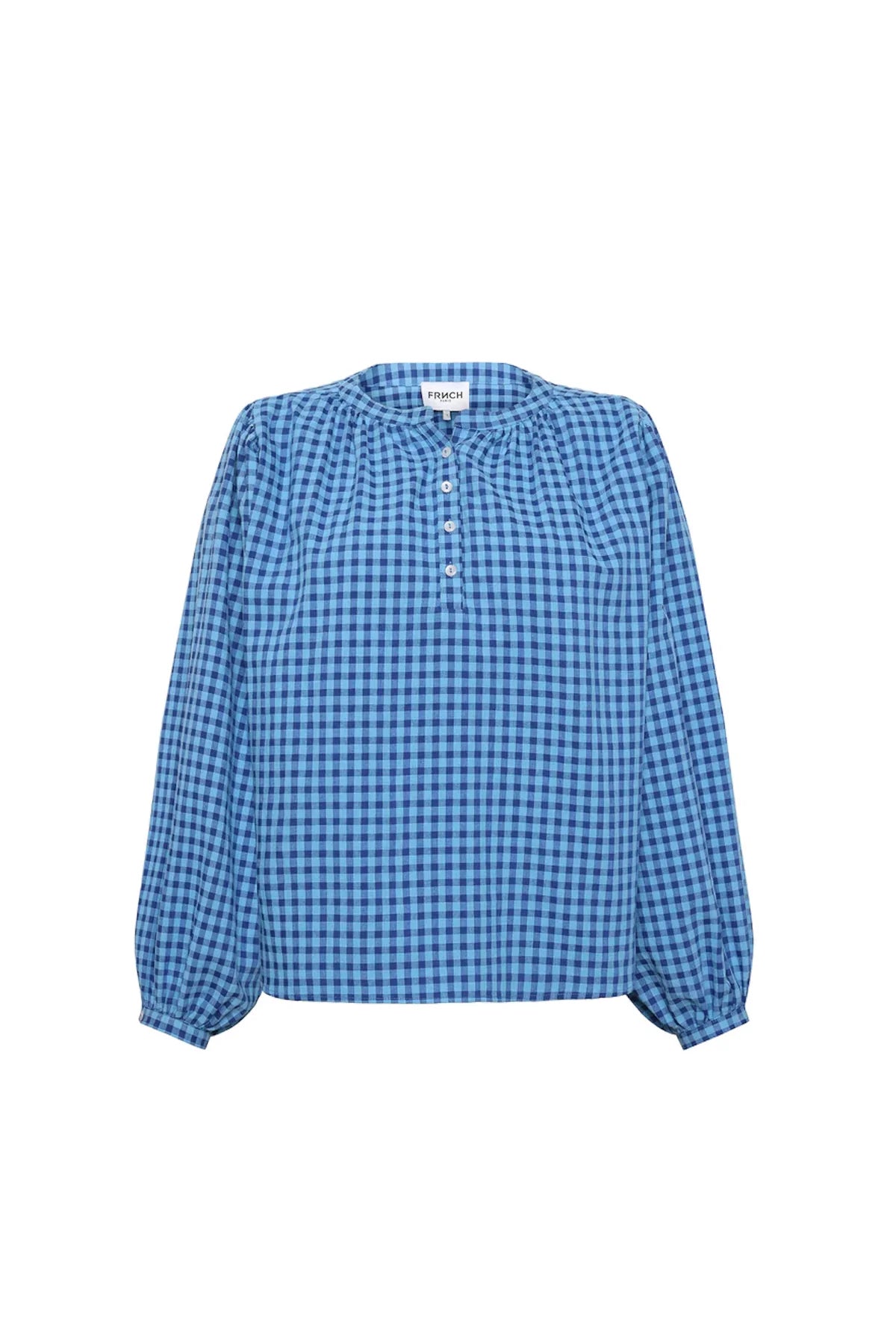 Noura Blue Gingham Blouse | FRNCH Asymmetric Hem Blouse