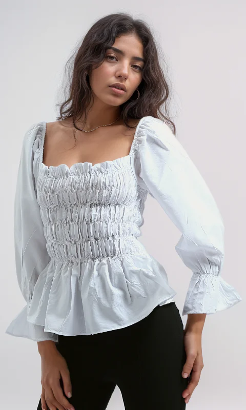 O189740 Peplum Blouses Square Neck White Ruffle Long Sleeve Sweetheart Neck Blouse