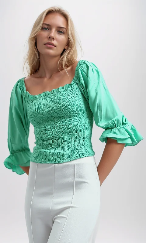 O192515 Long Sleeve Tunic Solid Color Blouse - Light Green Drape Neck Blouse