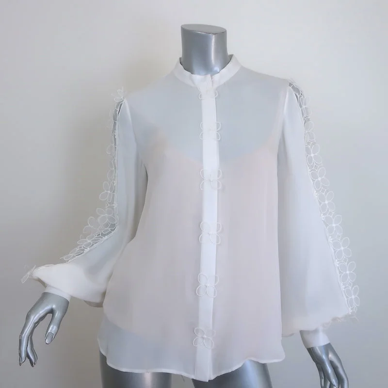 Oscar de la Renta Organza Flower-Trimmed Blouse Cream Silk Size 6 NEW Slim Fit Blouse Oscar de la Renta Organza Flower-Trimmed Blouse Cream Silk Size 6 NEW Slim Fit Blouse