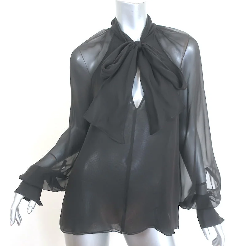 Oscar de la Renta Tie-Neck Chiffon Blouse Dark Brown Size 6 Long Sleeve Top Backless Summer Blouse