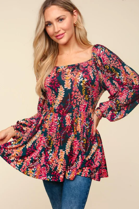 Peplum Floral Square Neck Blouse Frilled Cuff Blouse