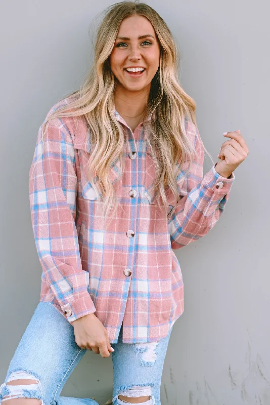 Plaid Flap Pocket Flannel Shacket Sheer Sleeve Blouse