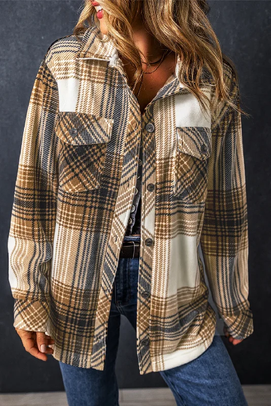 Plaid Print Flap Pocket Shacket Short Sleeve Blouse