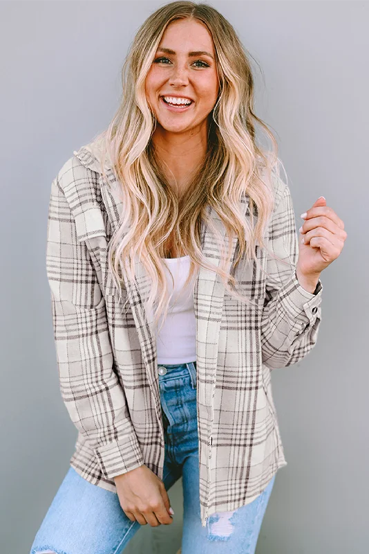 Plaid Hood Buttoned Shacket Lightweight Chiffon Blouse