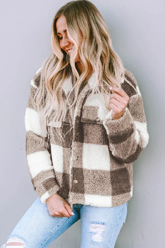 Plaid Buttoned Flap Shacket Mandarin Collar Blouse