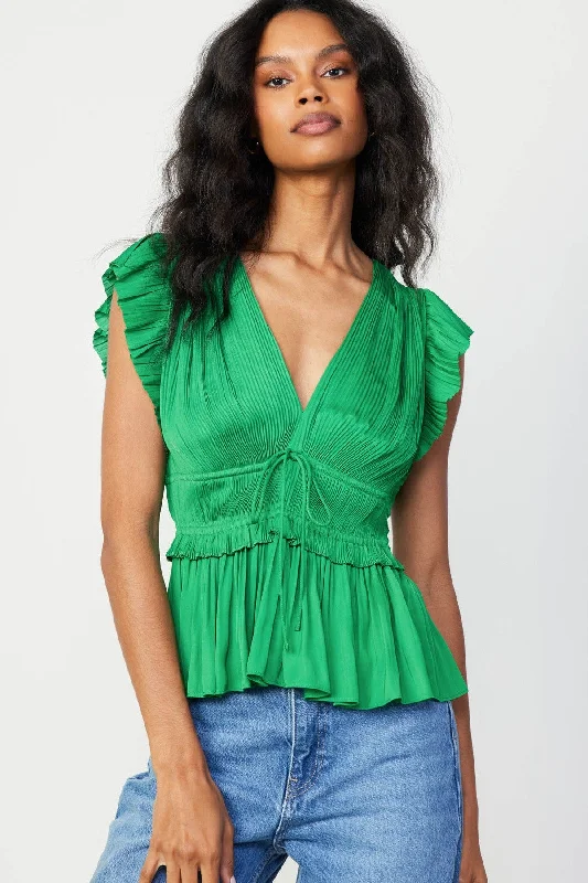 Pleated Peplum Blouse Sheer Sleeve Blouse