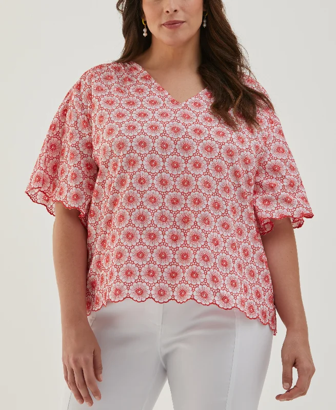 Plus Size Daisy Embroidered Blouse Side Tie Blouse