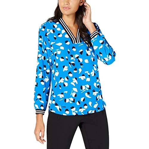 Printed Ribbed-Trim Blouse Slim Fit Blouse
