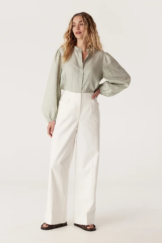 Pure Linen Puff Sleeve Blouse - Sage Stretchy Fitted Blouse