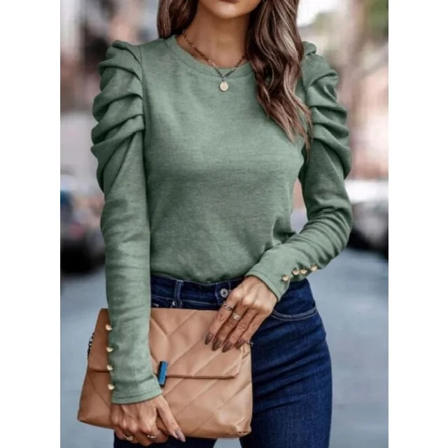 Round Neck Puff Sleeve Blouse Satin Drape Blouse