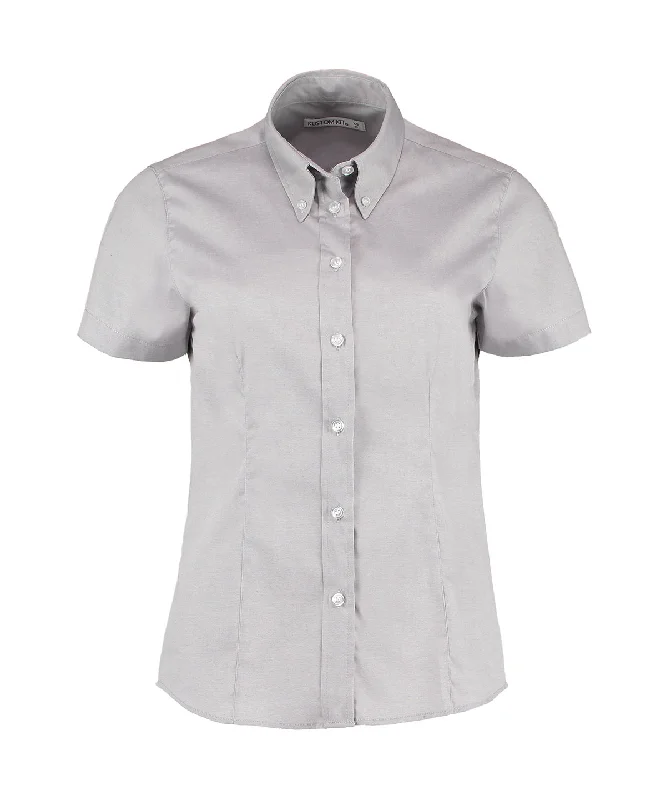 Silver Grey - Women's corporate Oxford blouse short-sleeved (tailored fit) Backless Summer Blouse Silver Grey - Women's corporate Oxford blouse short-sleeved (tailored fit) Backless Summer Blouse
