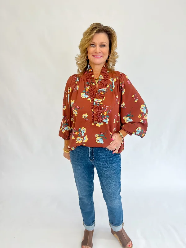 Sophia Smocked Blouse-Espresso Feminine Satin Blouse
