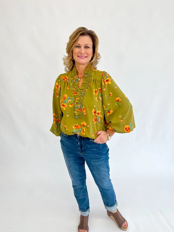 Sophia Smocked Blouse-Olive Off-Shoulder Wrap Blouse