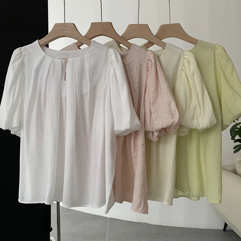 Summer Sweet Women Loose Round Neck Solid Color Puff Sleeve Blouse Elegant Embroidery Blouse Summer Sweet Women Loose Round Neck Solid Color Puff Sleeve Blouse Elegant Embroidery Blouse