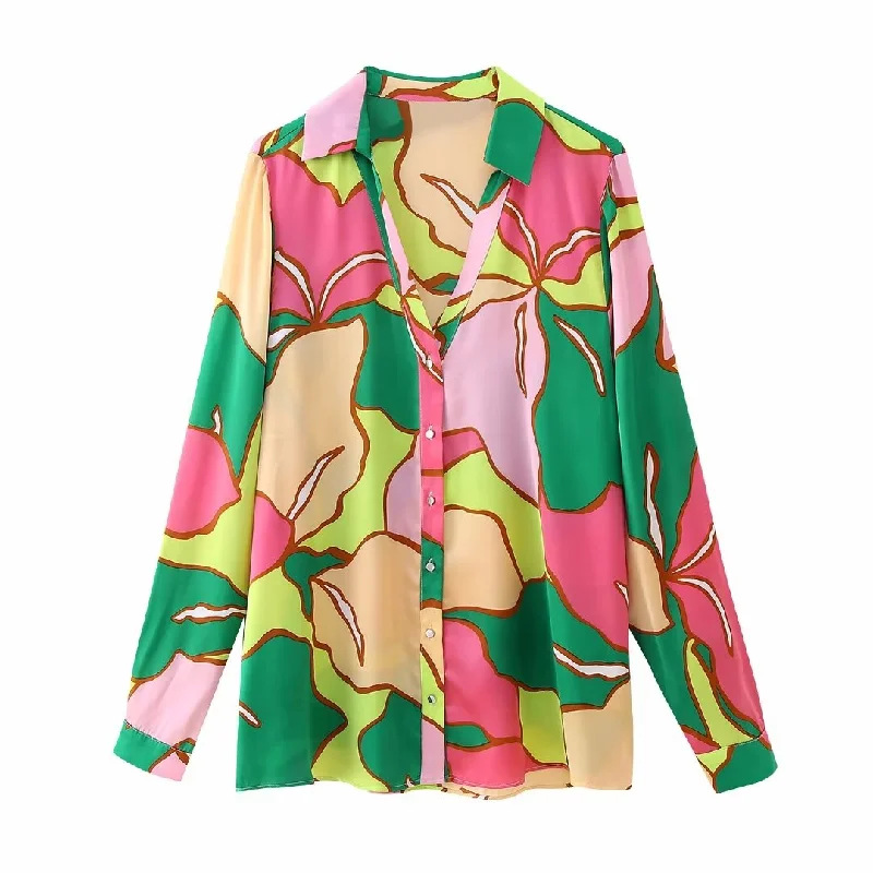 THONEY Women's Elegant Fine Fashion Premium Quality Floral Print Satin Blouse Shirt Lightweight Tunic Blouse