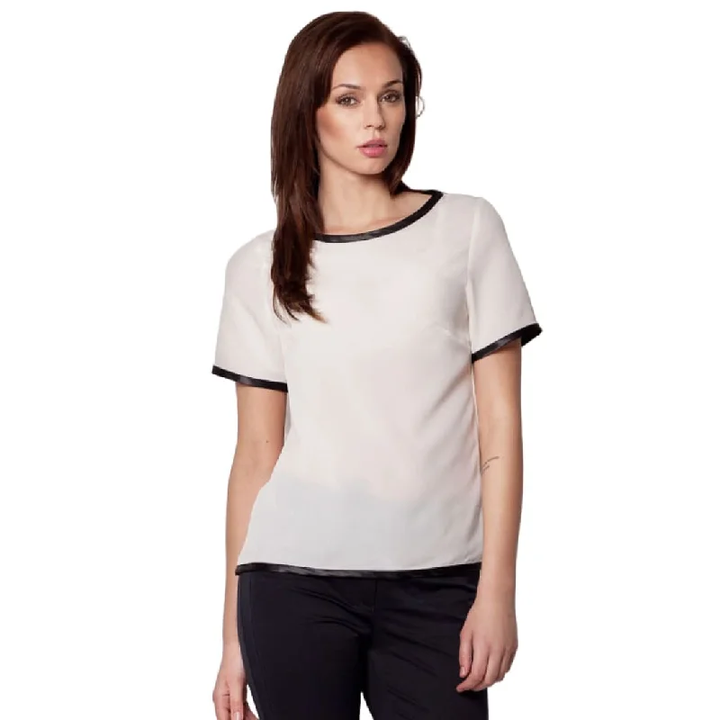 Urban Chic Eco-Leather Trim Blouse Mandarin Collar Blouse