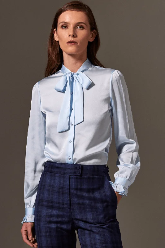 Valeria Pussy Bow Blouse - Lt Blue Silk Stretch Gathered Detail Blouse