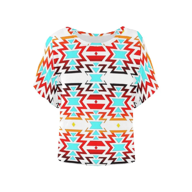 White Fire and Sky Women's Batwing-Sleeved Blouse T shirt Elegant Semi-Sheer Blouse
