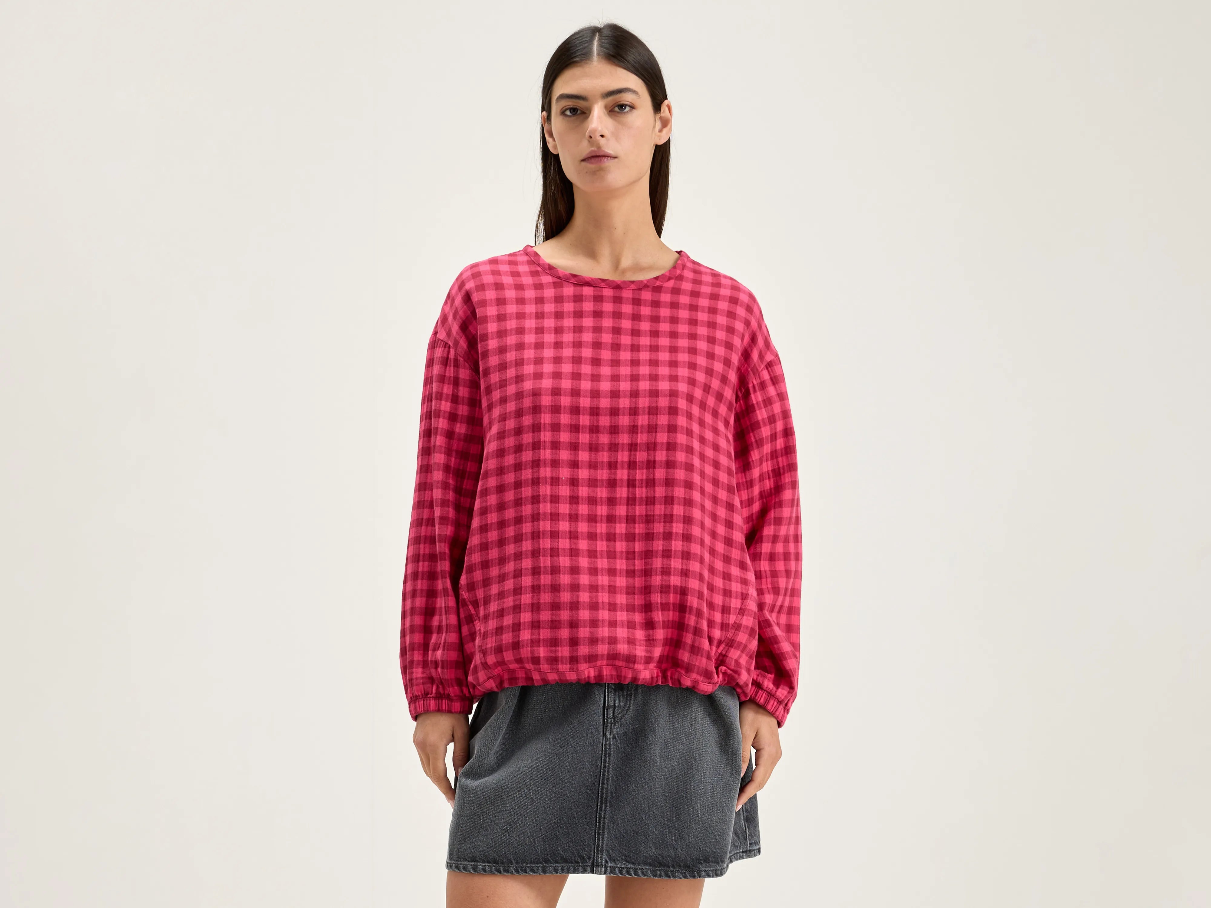 Padoue checked blouse (242 / W / CHECK B) Stretchy Fitted Blouse