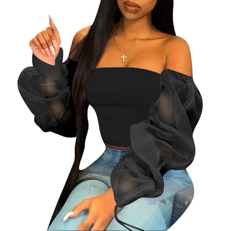 Women Fashion Sexy Long-Sleeved Solid Color See-Through Mesh Off-Shoulder Blouse Drape Neck Blouse Women Fashion Sexy Long-Sleeved Solid Color See-Through Mesh Off-Shoulder Blouse Drape Neck Blouse