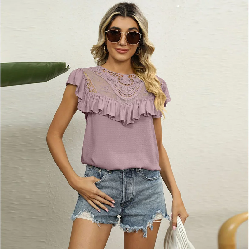 Women Lace Embroidered Collar Ruffles Sweet Loose Short Sleeve Shirt Blouse Feminine Tie Blouse Women Lace Embroidered Collar Ruffles Sweet Loose Short Sleeve Shirt Blouse Feminine Tie Blouse