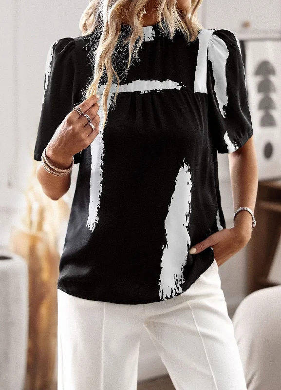 Women Loose Casual Digital Printing Half Turtleneck Blouse Textured Cotton Blouse