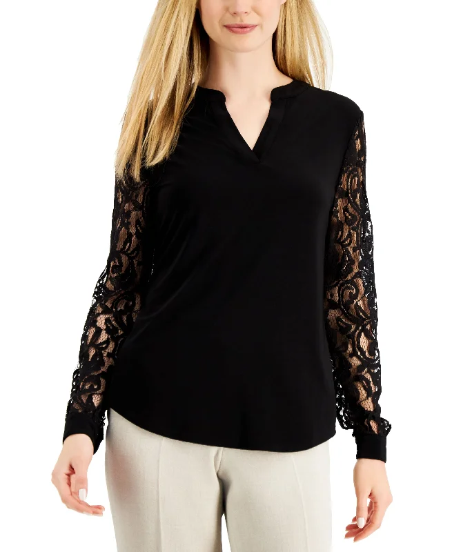 Women's Split-Neck Lace-Sleeve Blouse Office Formal Blouse