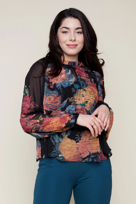 Woven Printed Long Sleeve Blouse Casual Stripe Blouse